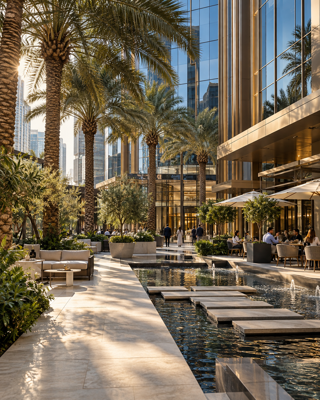 Photorealistic generated concept of a landscaped business courtyard